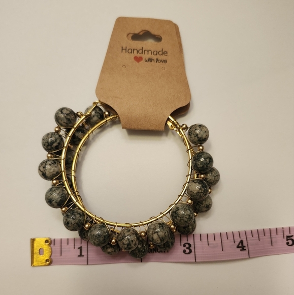 Gold stainless hoops individually wire wrapped marble gray beads handcrafted - Picture 5 of 6